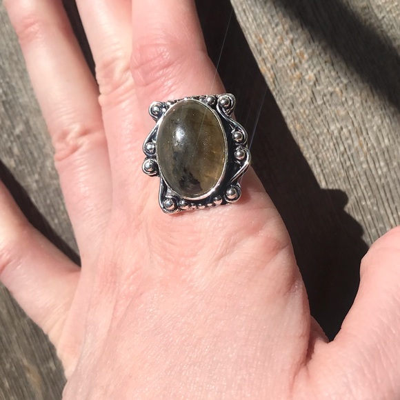 Sterling silver plated labradorite ring sz 7.75 scrollwork boho bohemian ring - Picture 4 of 7